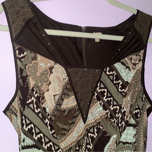 Reba Size 12 Midi Dress Brown Boho Print Sleeveless Lace Casual - Picture 2 of 9